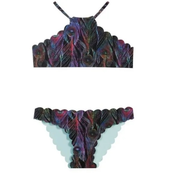 NWT PilyQ Girls Plume High Neck Scalloped Edge Reversible Two Piece Bikini - Picture 2 of 2